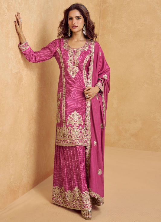 Embroidered Chinon Magenta Sharara Suit T6300