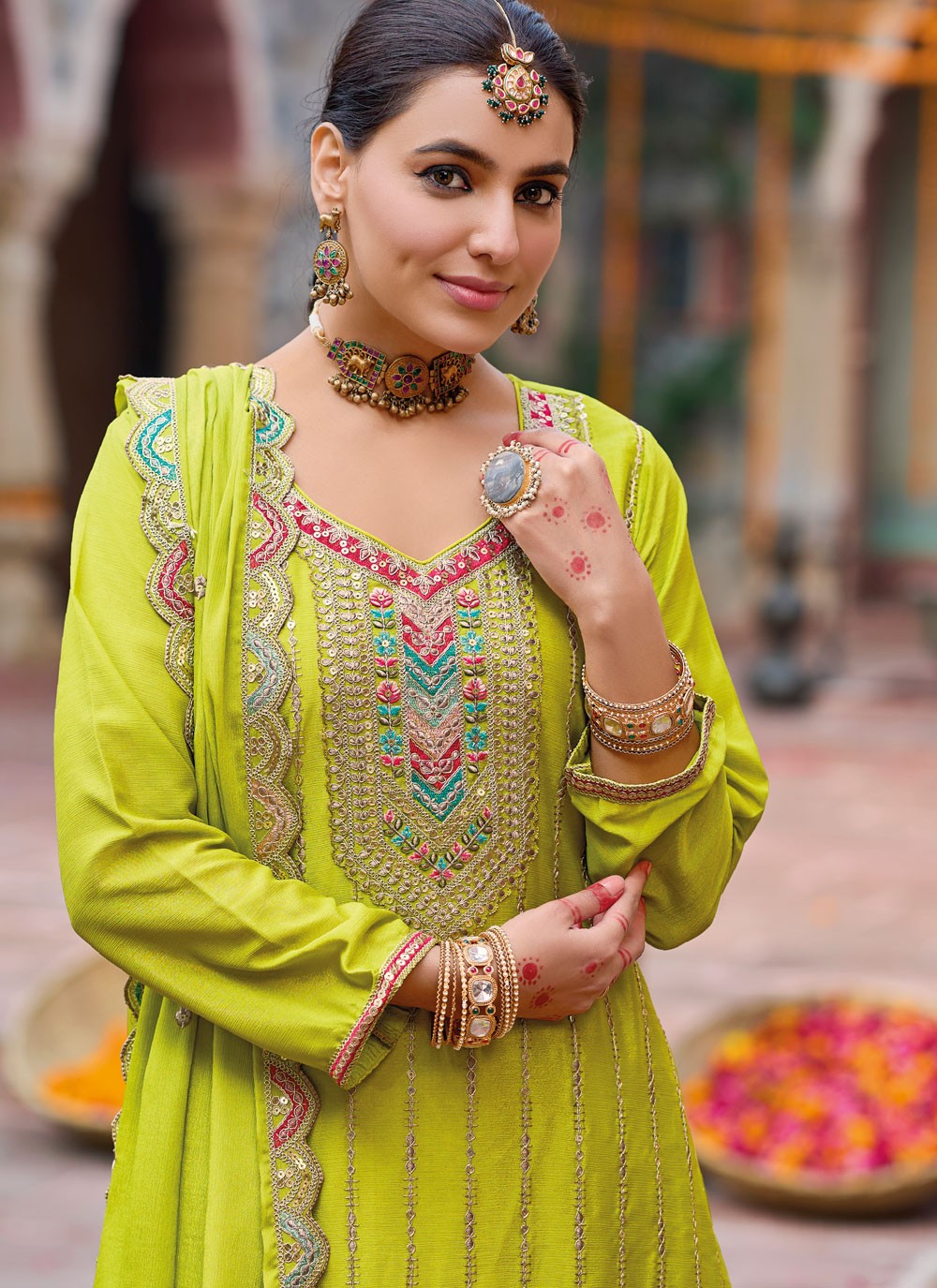 Salwar Suit Embroidered Green Chinon T5503