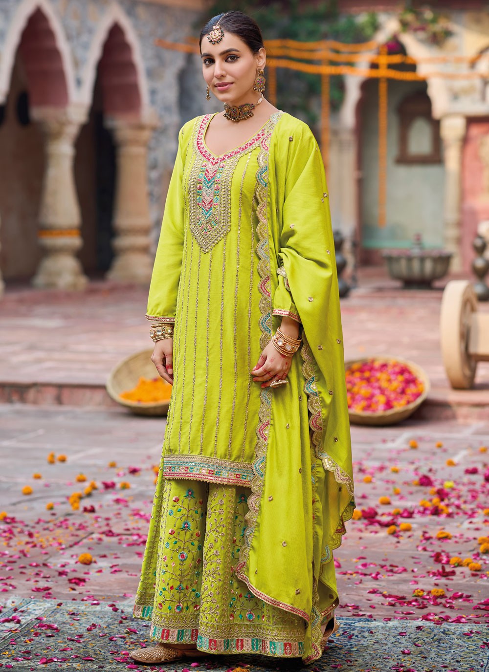 Salwar Suit Embroidered Green Chinon T5503