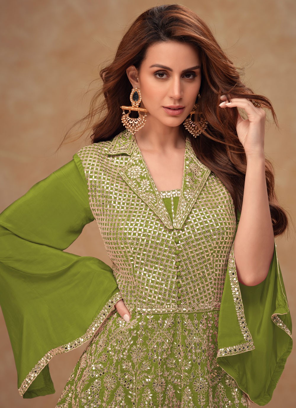 Embroidered Chinon Green Salwar Suit T5997