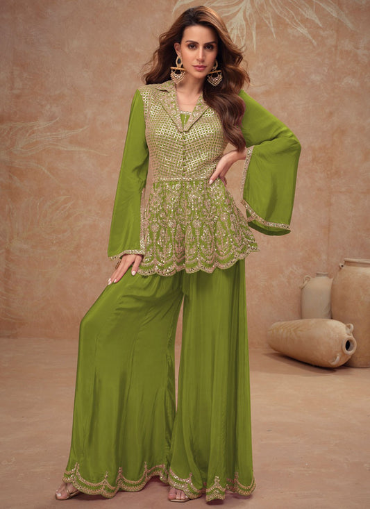 Embroidered Chinon Green Salwar Suit T5997