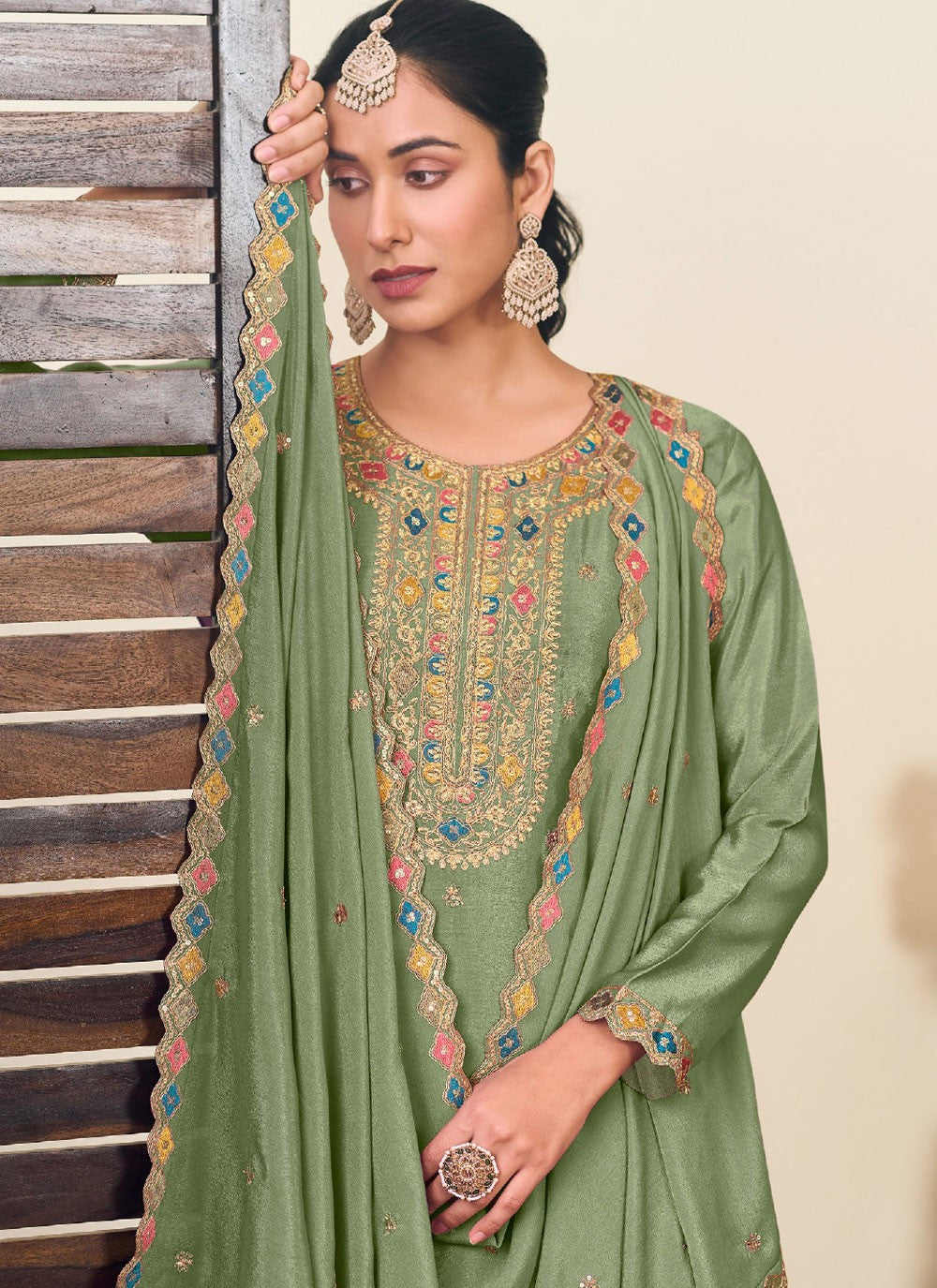 Embroidered Chinon Green Lehenga - L3249