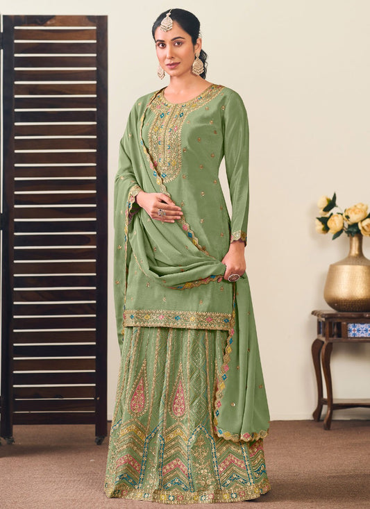 Embroidered Chinon Green Lehenga - L3249