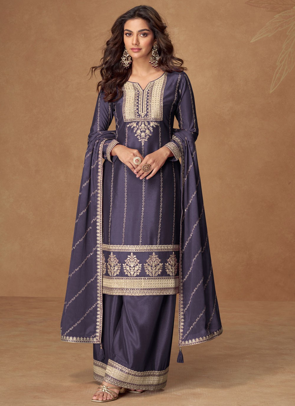 Palazzo Suit Embroidered Grey T7796