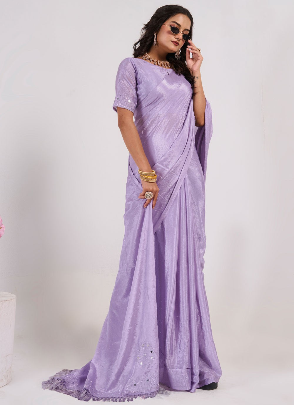Traditional Mirror Lavender Chinon Saree S13036