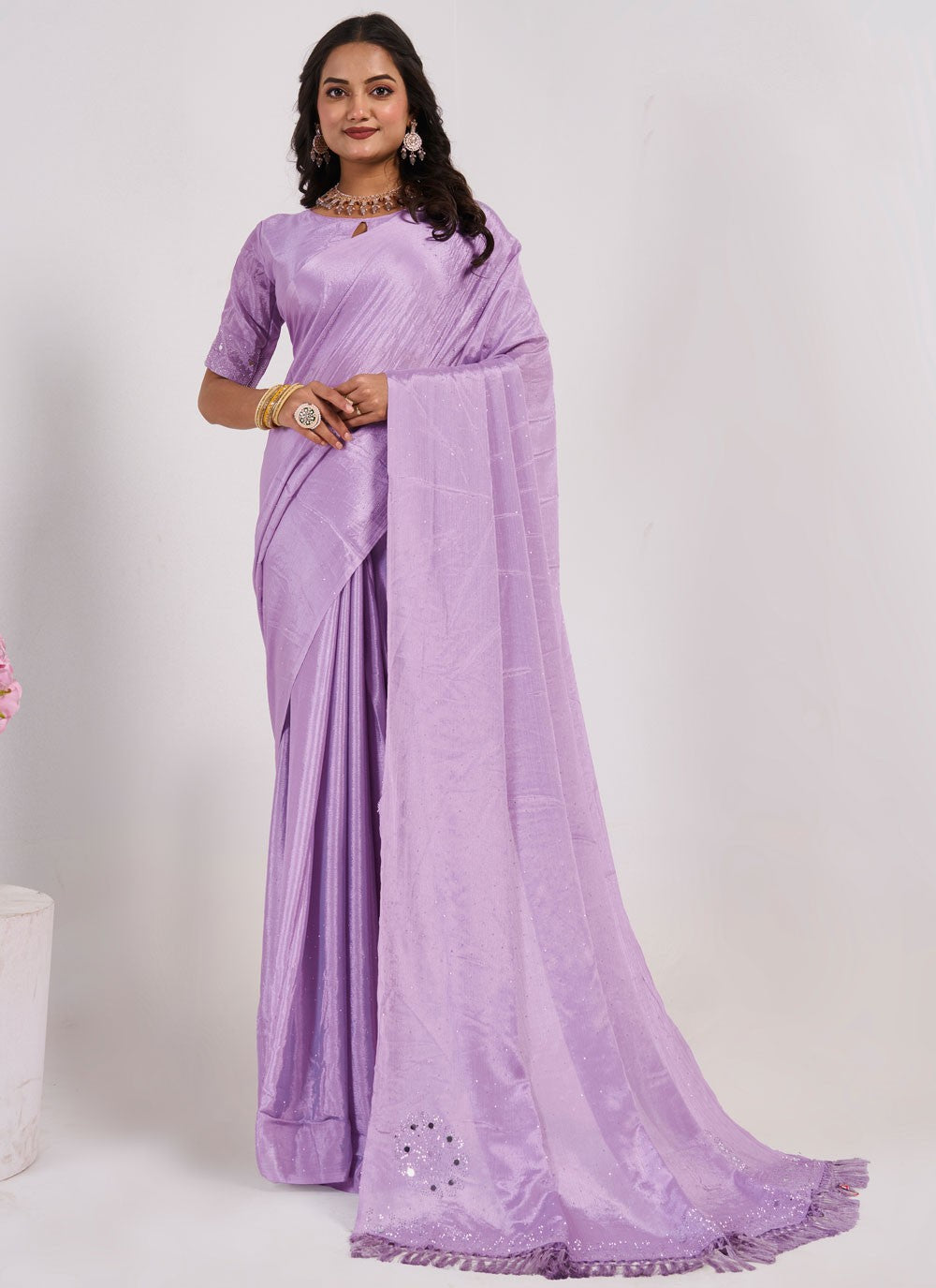Traditional Mirror Lavender Chinon Saree S13036