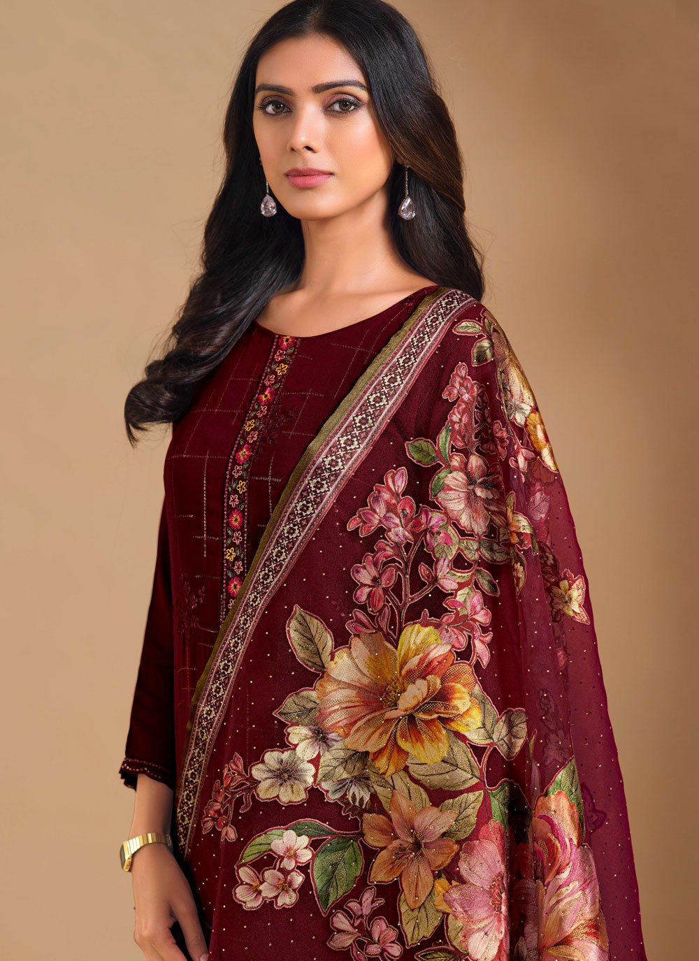 Pant Style Suit Embroidered Maroon T7247
