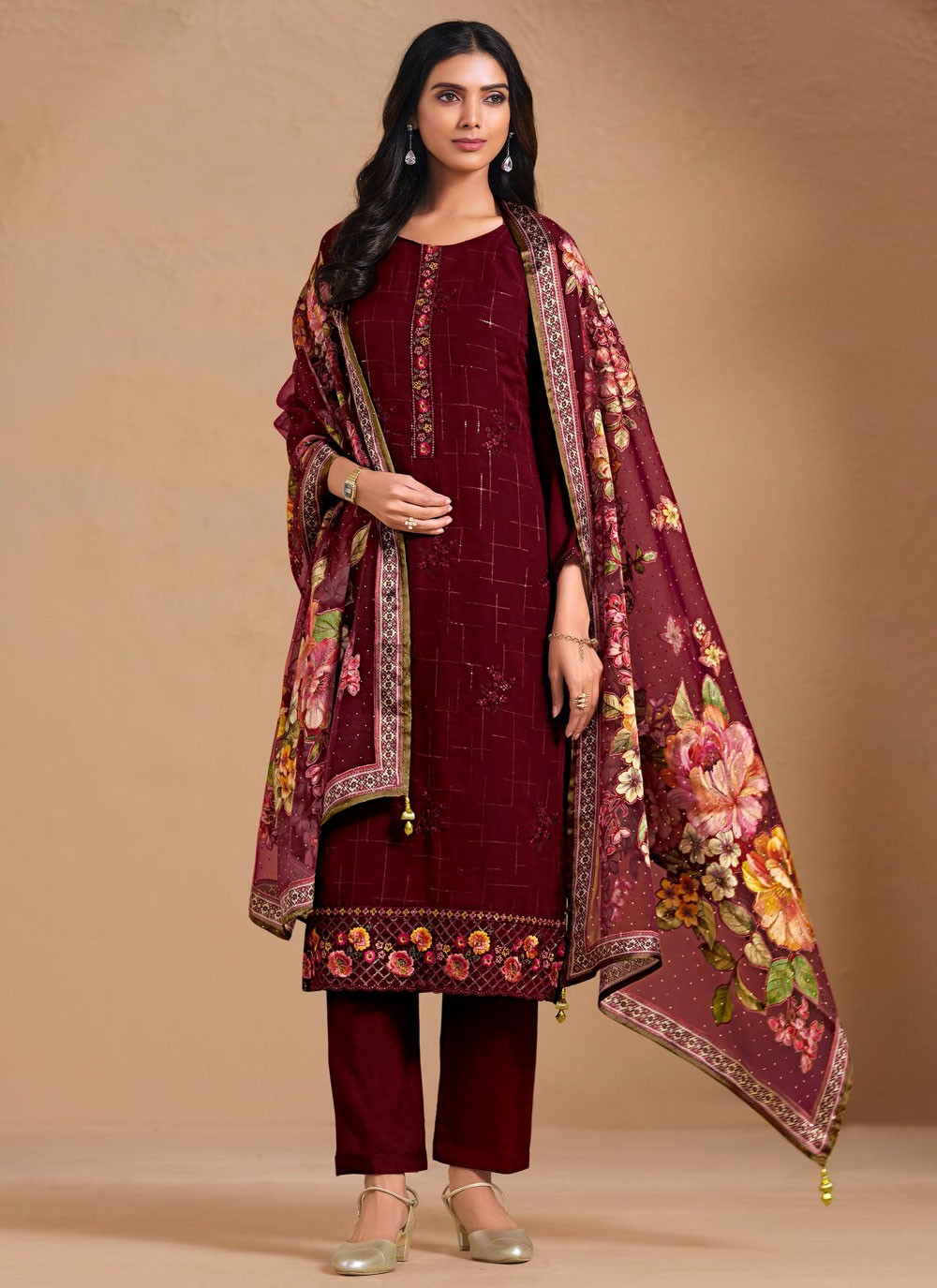 Pant Style Suit Embroidered Maroon T7247