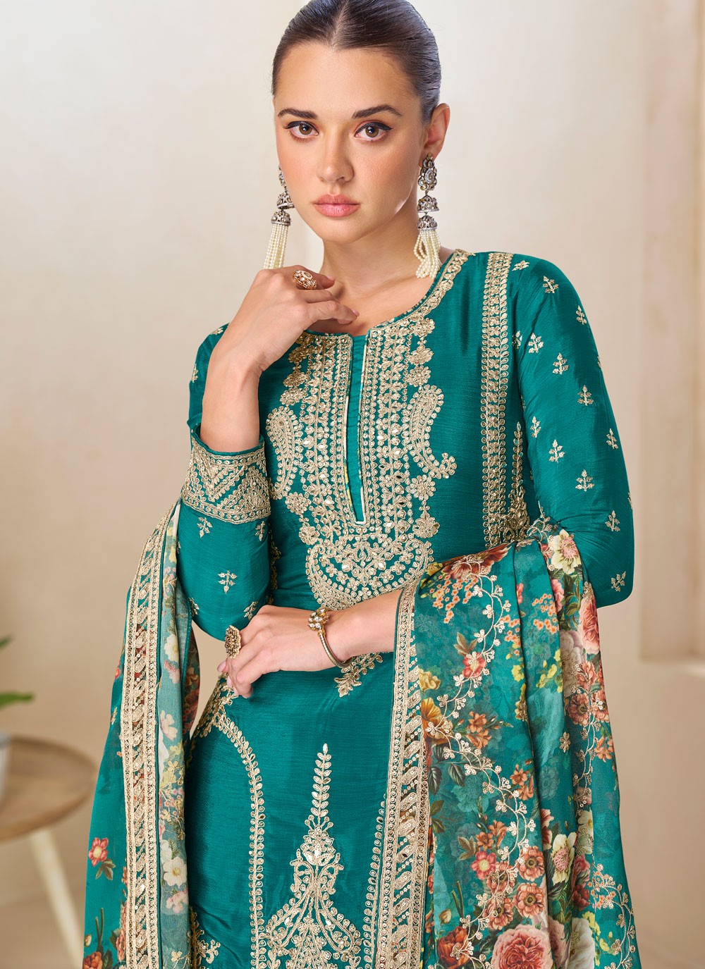Palazzo Suit Embroidered, Mirror, Zari Teal T7929