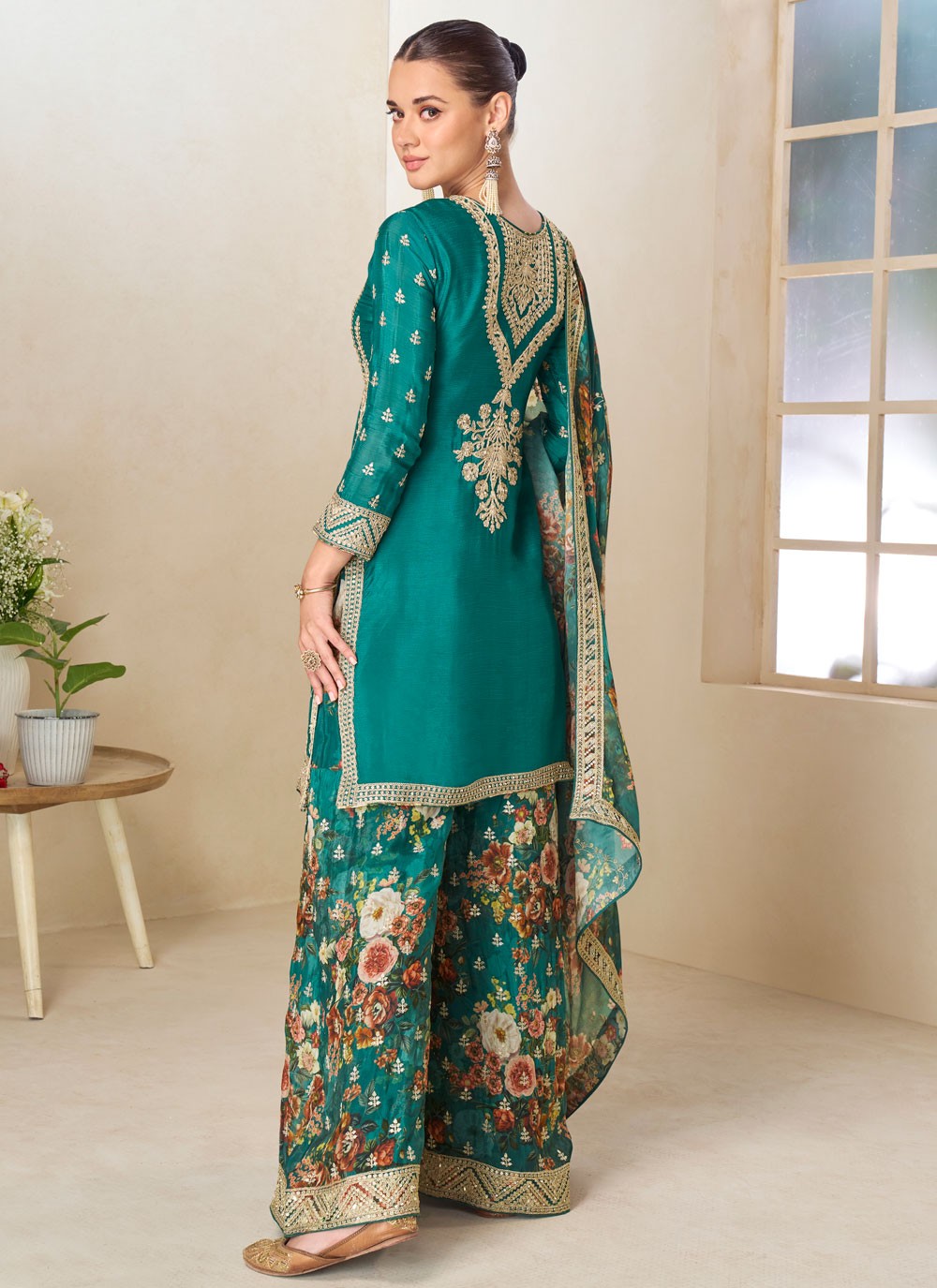 Palazzo Suit Embroidered, Mirror, Zari Teal T7929