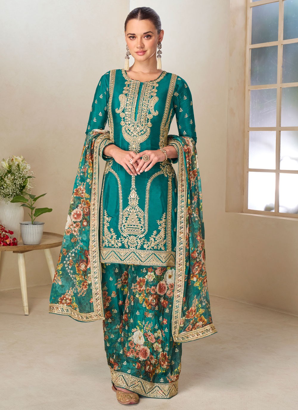 Palazzo Suit Embroidered, Mirror, Zari Teal T7929