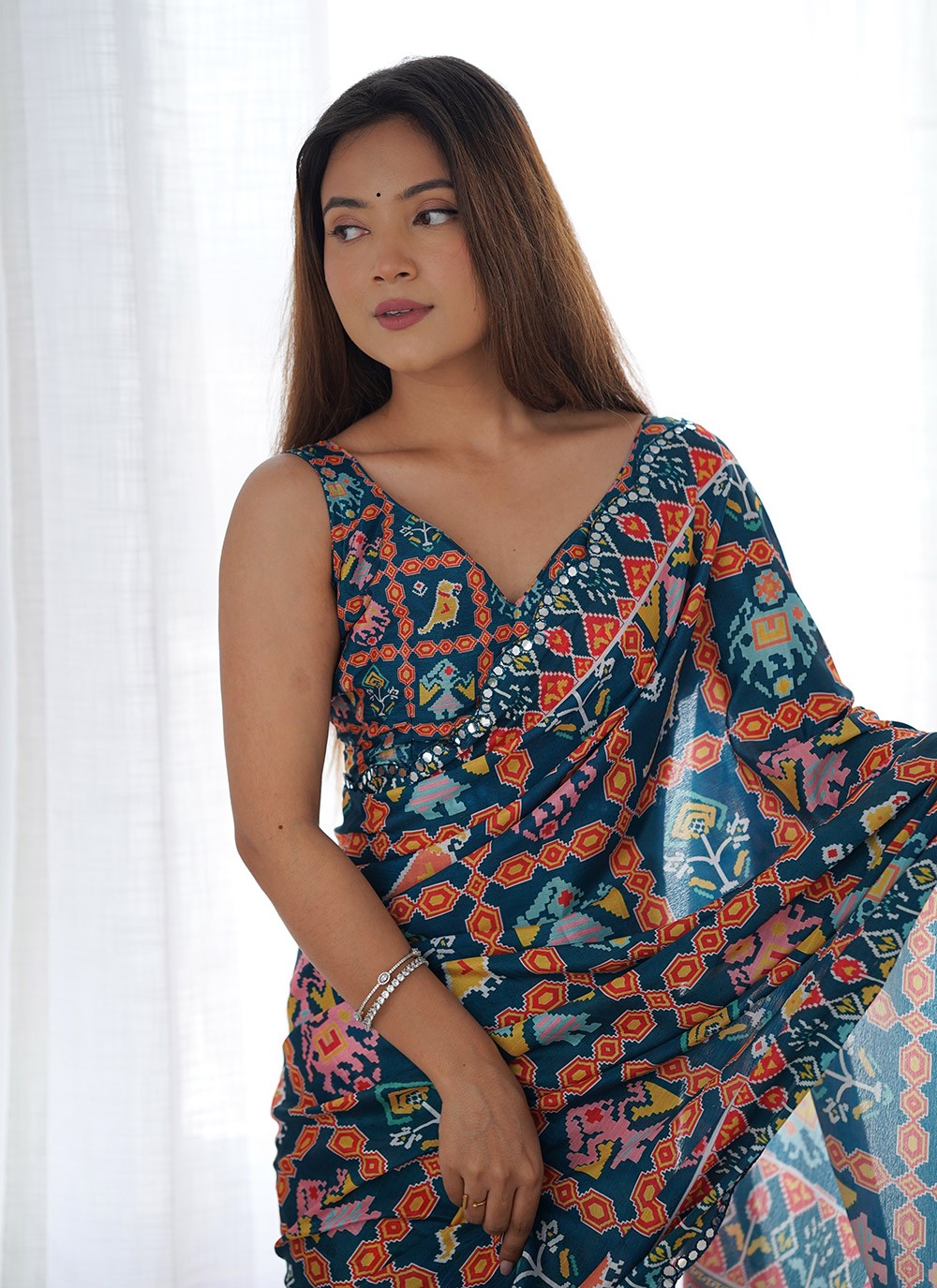 Contemporary Digital Print Navy Blue Chinon Saree S12388