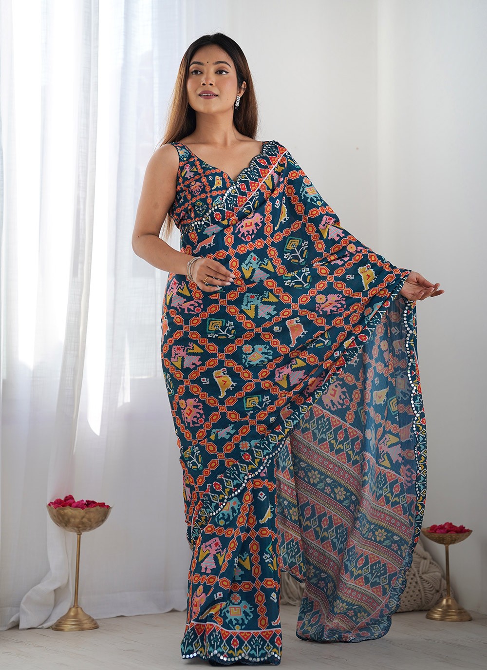 Contemporary Digital Print Navy Blue Chinon Saree S12388