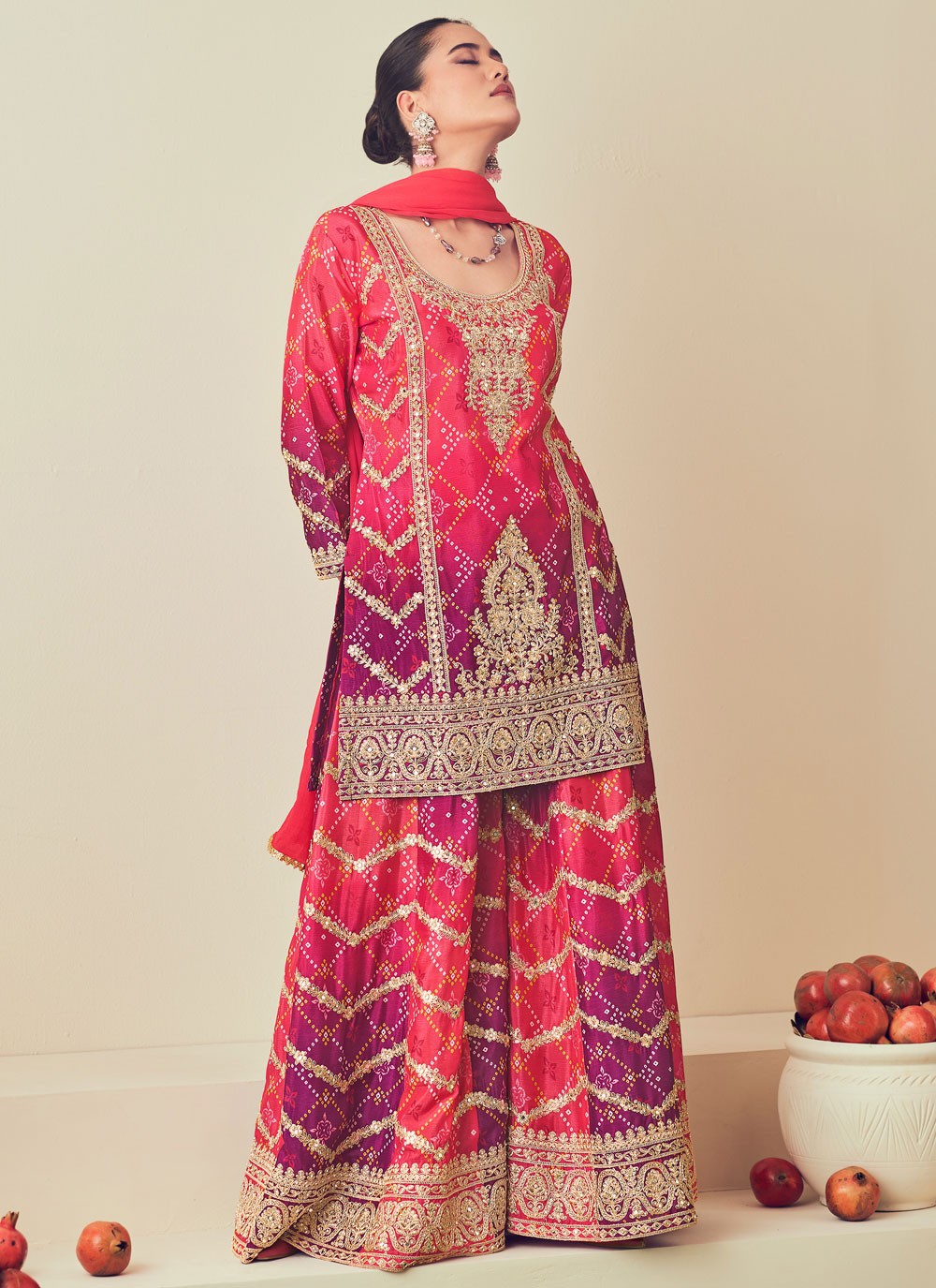 Palazzo Suit Embroidered Hot Pink Chinon T5308