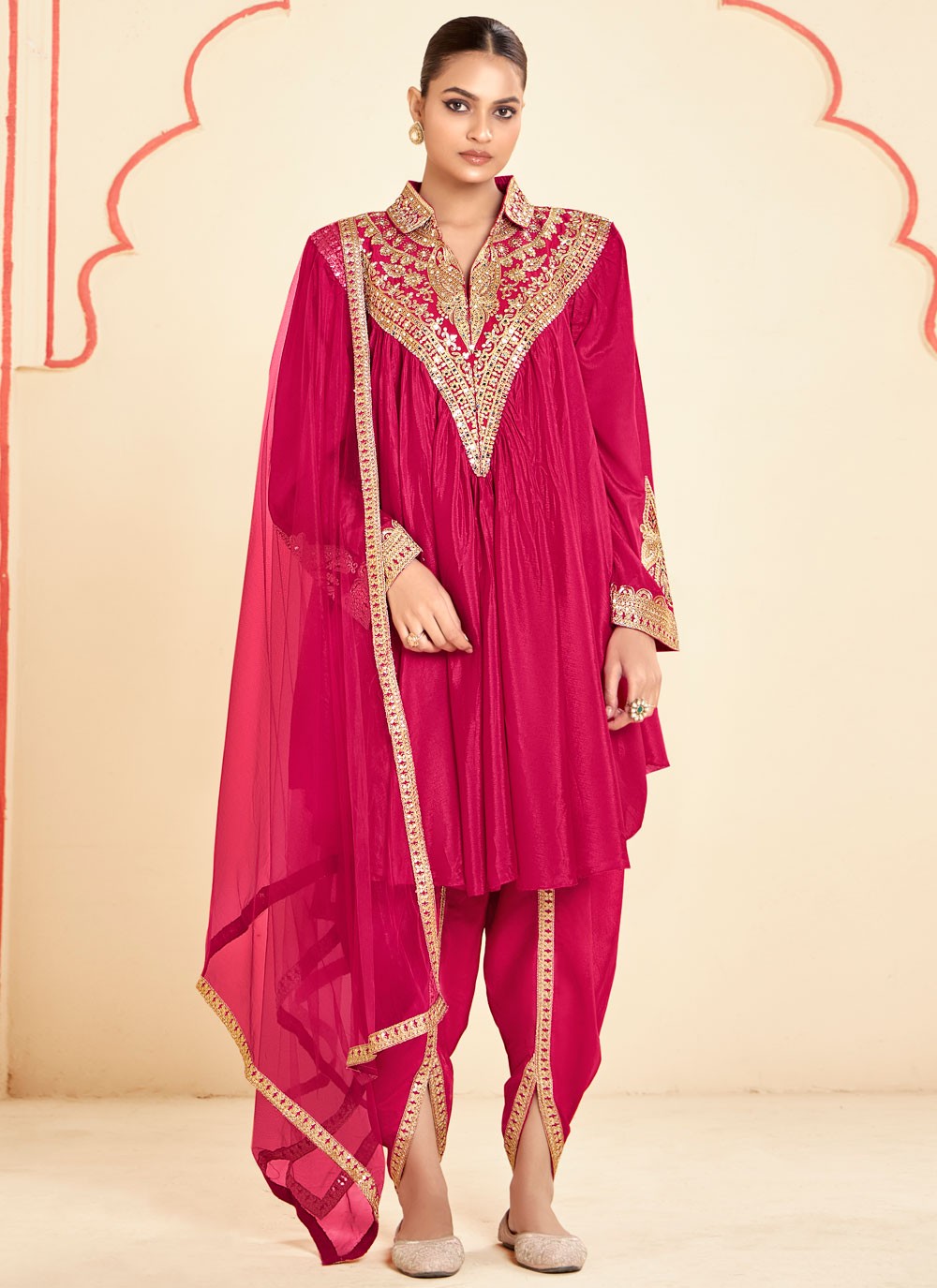 Salwar Suit Embroidered, Mirror, Zari Hot Pink T7047