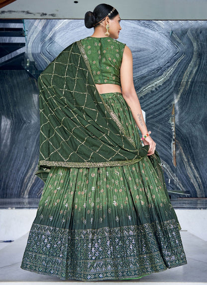 Digital Print Chinon, Silk Green Lehenga - L3246