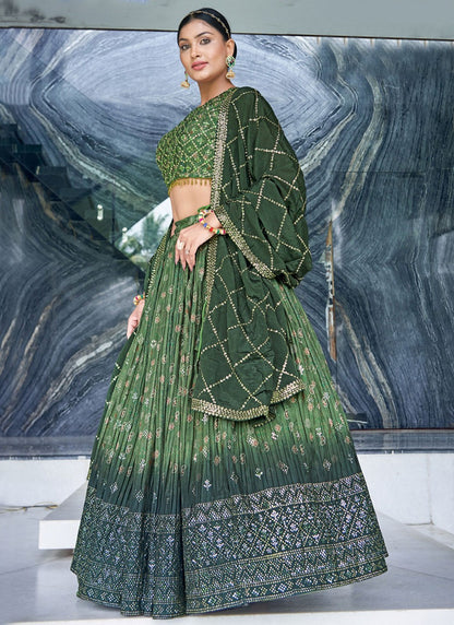 Digital Print Chinon, Silk Green Lehenga - L3246