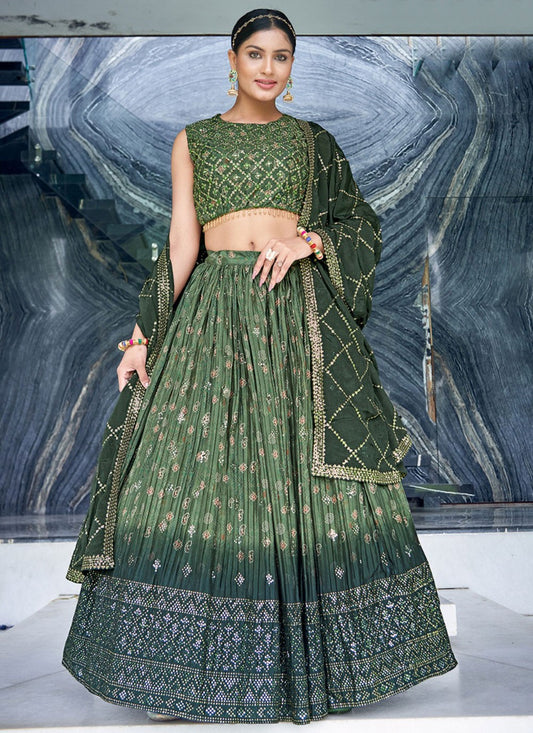 Digital Print Chinon, Silk Green Lehenga - L3246