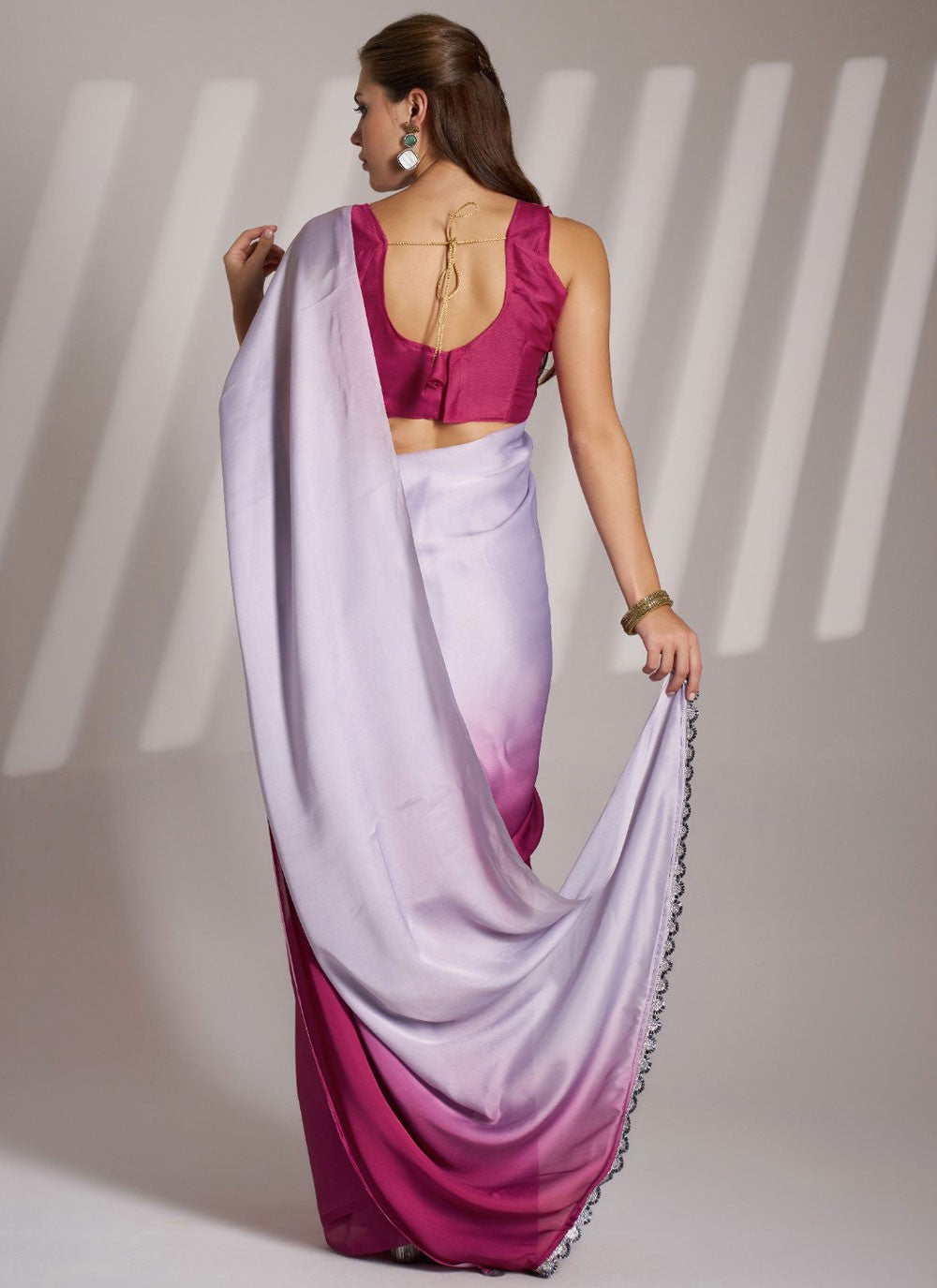 Traditional Lace Hot Pink, Off White Chinon Saree S13443