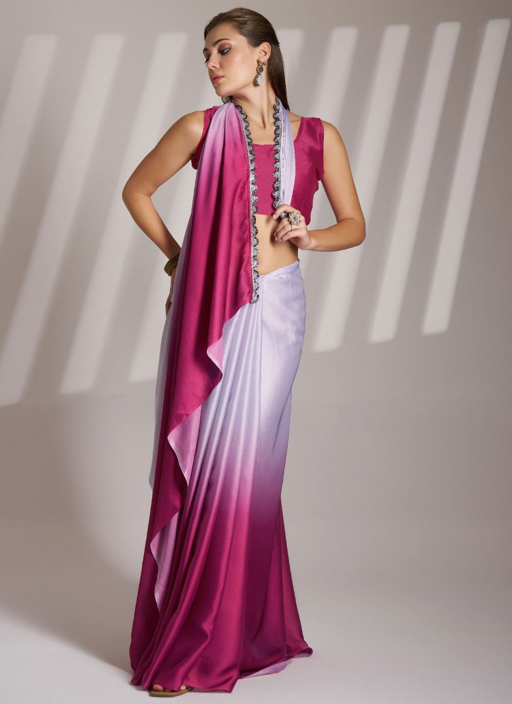 Traditional Lace Hot Pink, Off White Chinon Saree S13443