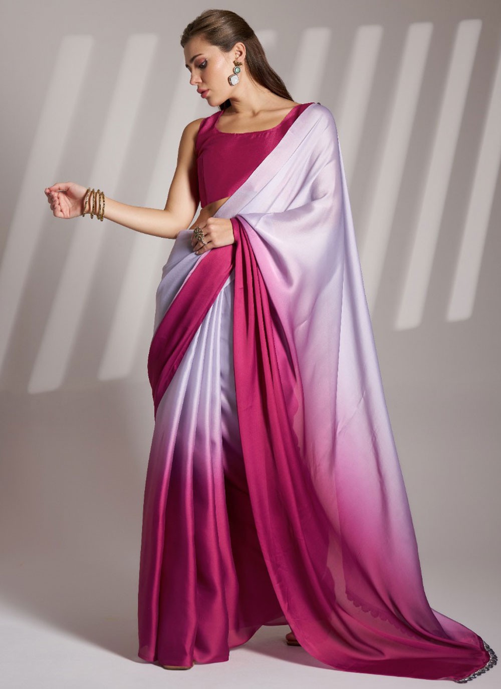 Traditional Lace Hot Pink, Off White Chinon Saree S13443