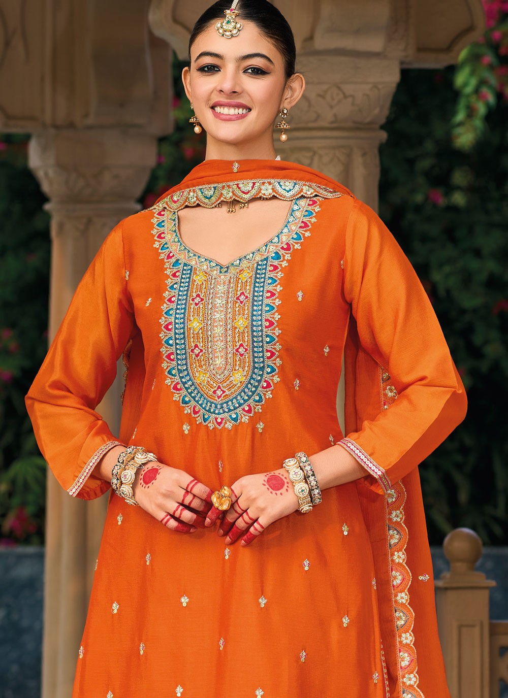Salwar Suit Embroidered Orange Chinon T5266
