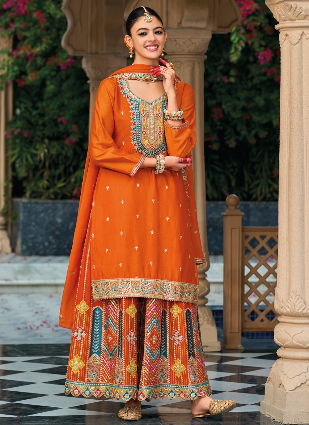Salwar Suit Embroidered Orange Chinon T5266