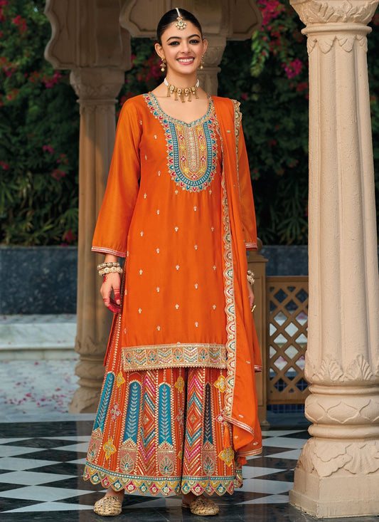 Salwar Suit Embroidered Orange Chinon T5266
