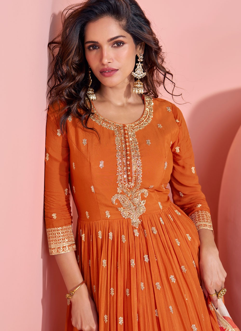 Embroidered Chinon Orange Gown G19779