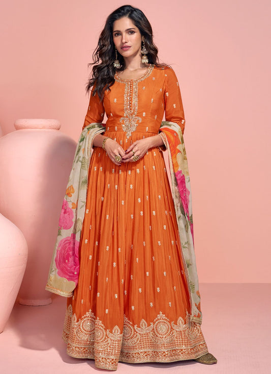 Embroidered Chinon Orange Gown G19779