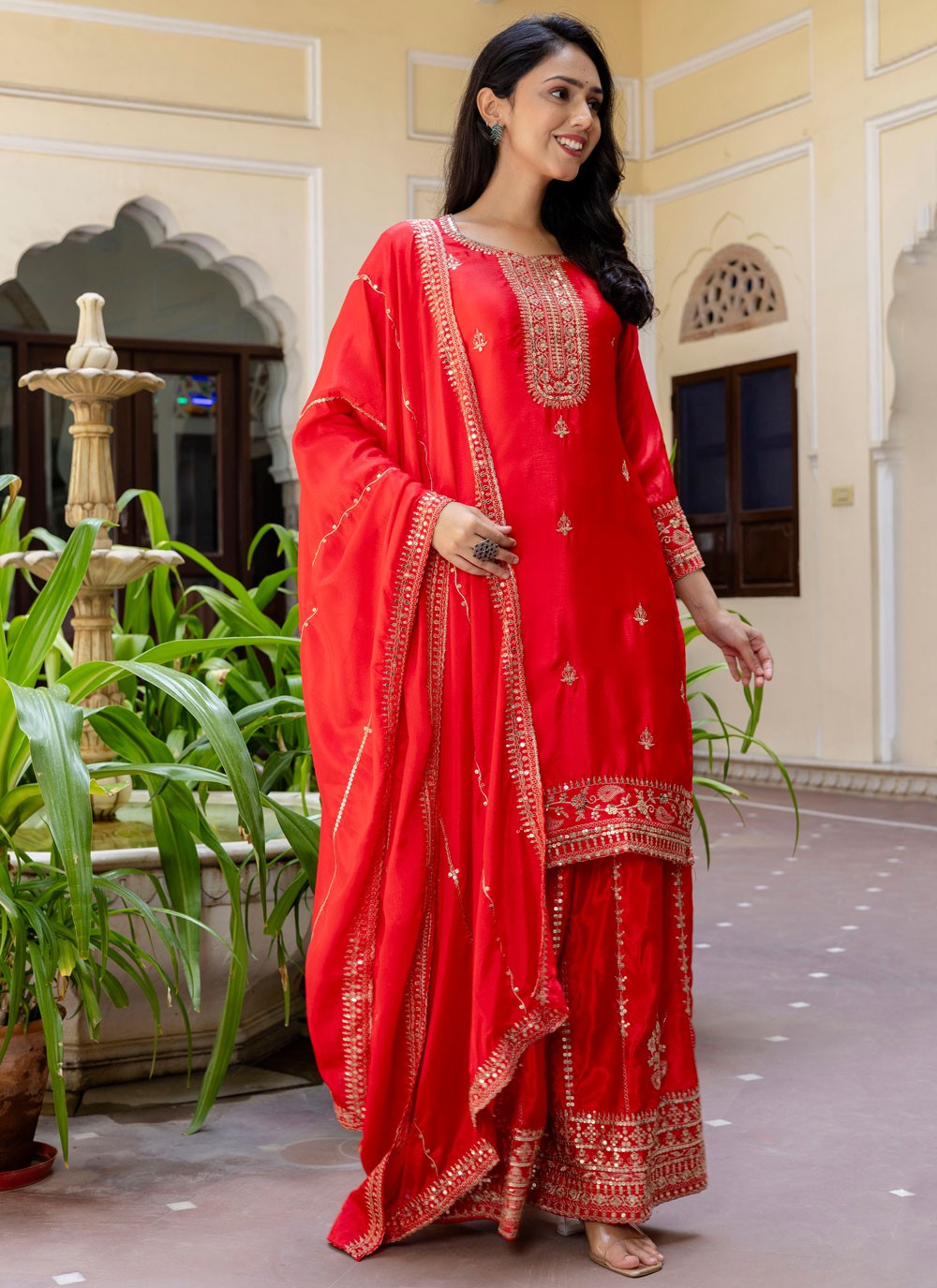 Palazzo Suit Embroidered Red T8505