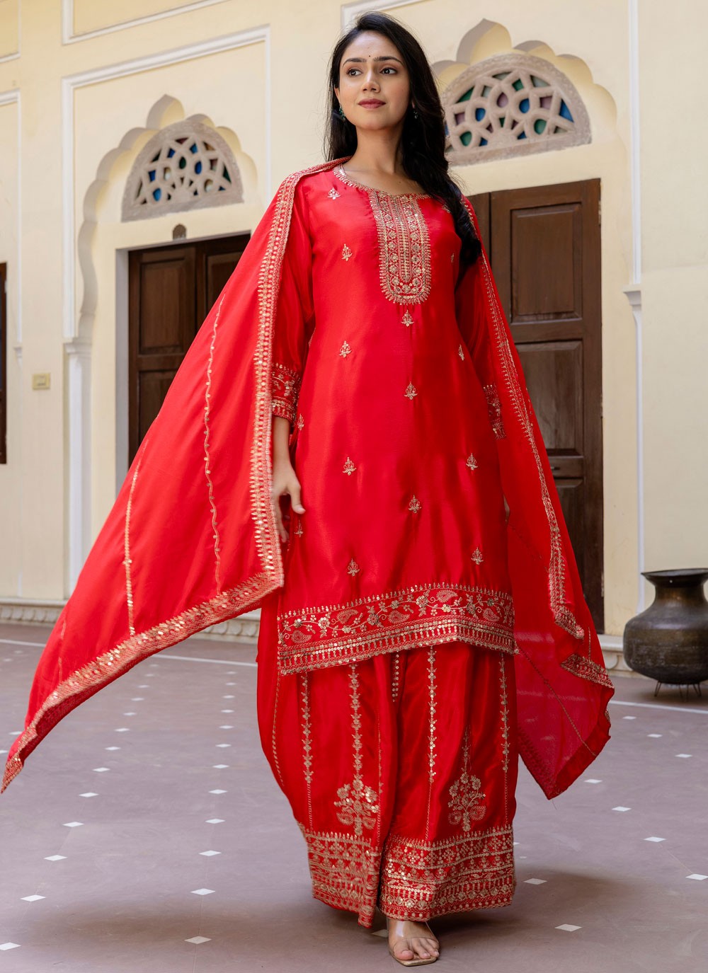 Palazzo Suit Embroidered Red T8505
