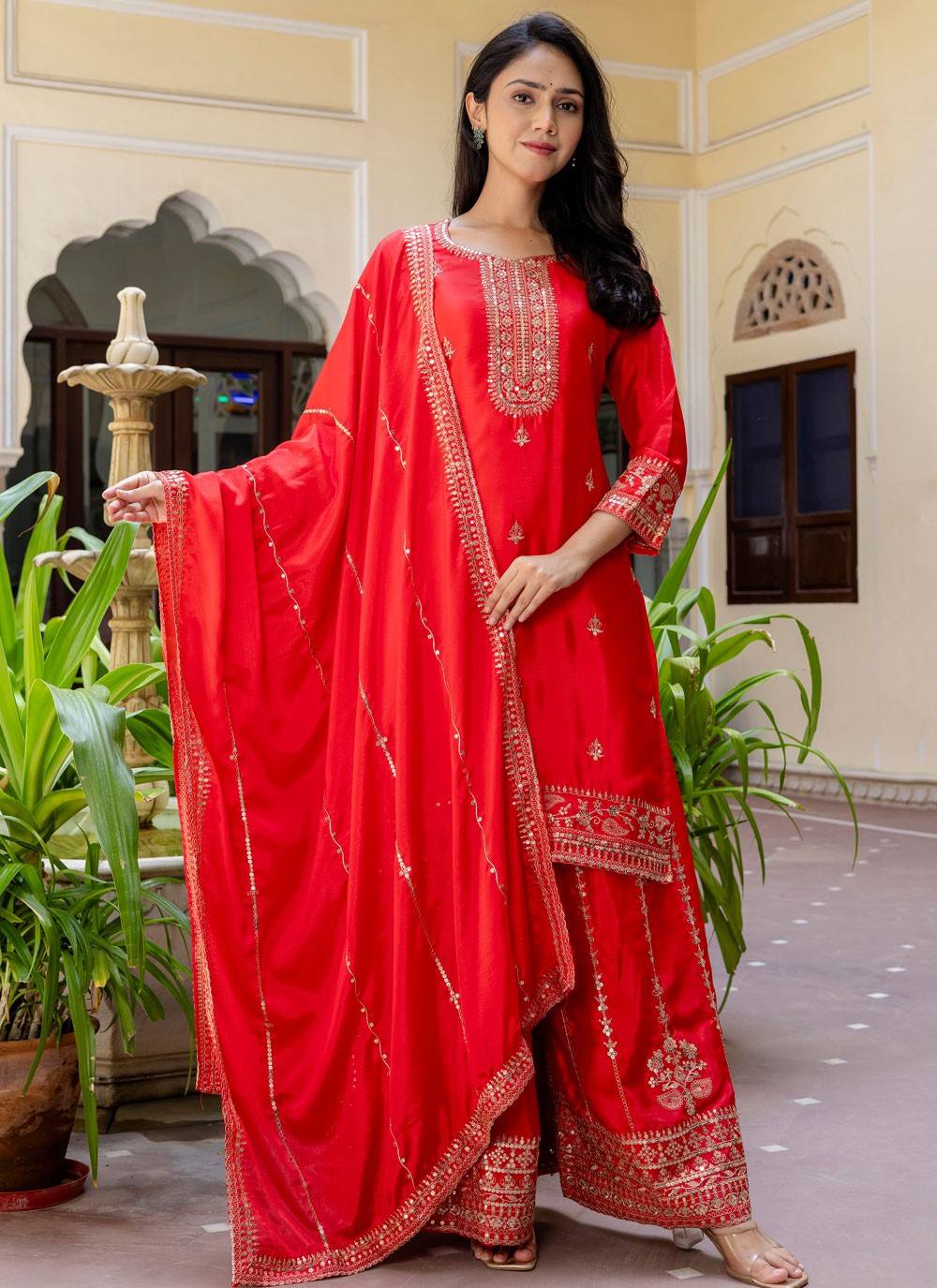 Palazzo Suit Embroidered Red T8505
