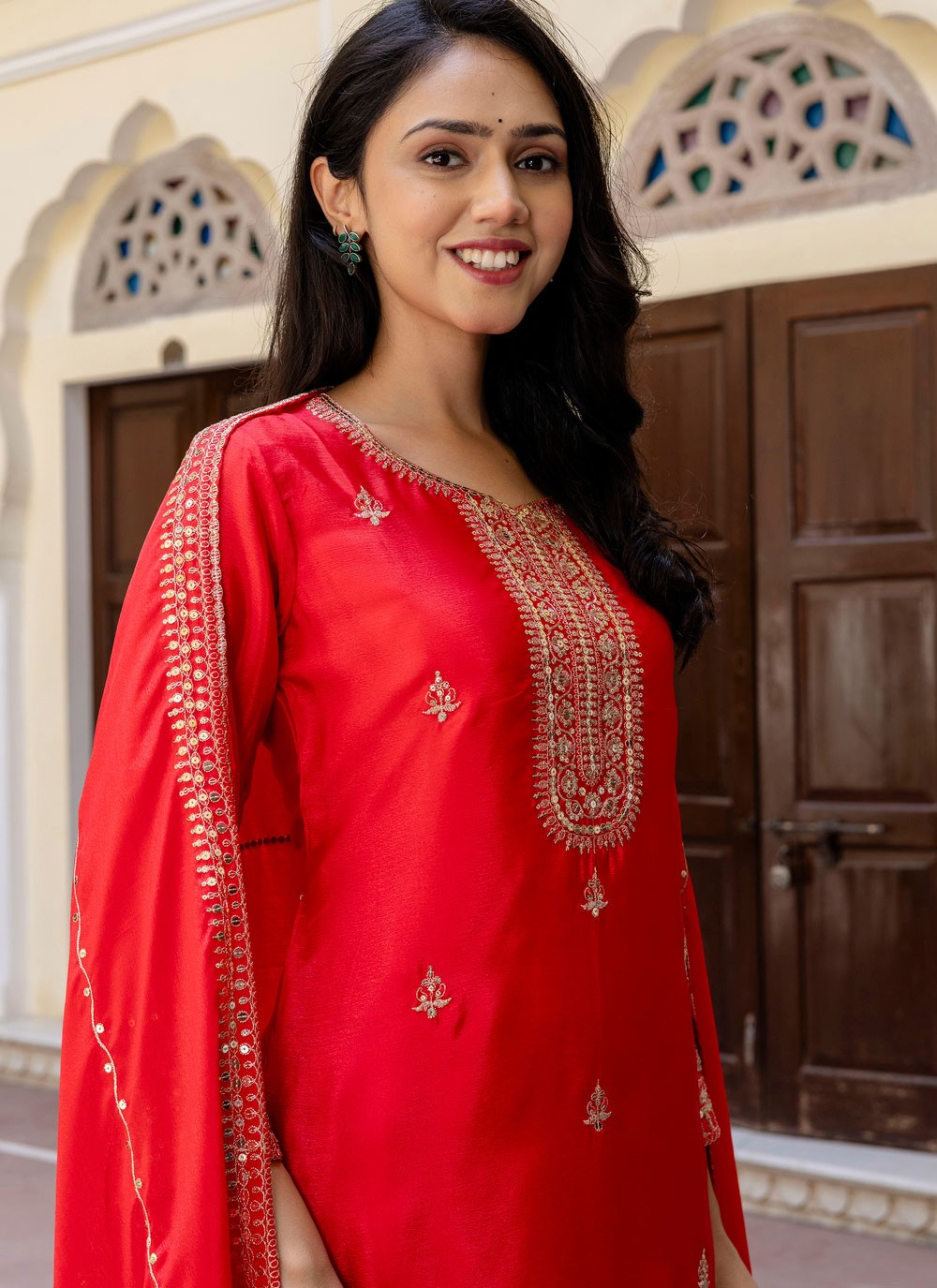 Palazzo Suit Embroidered Red T8505
