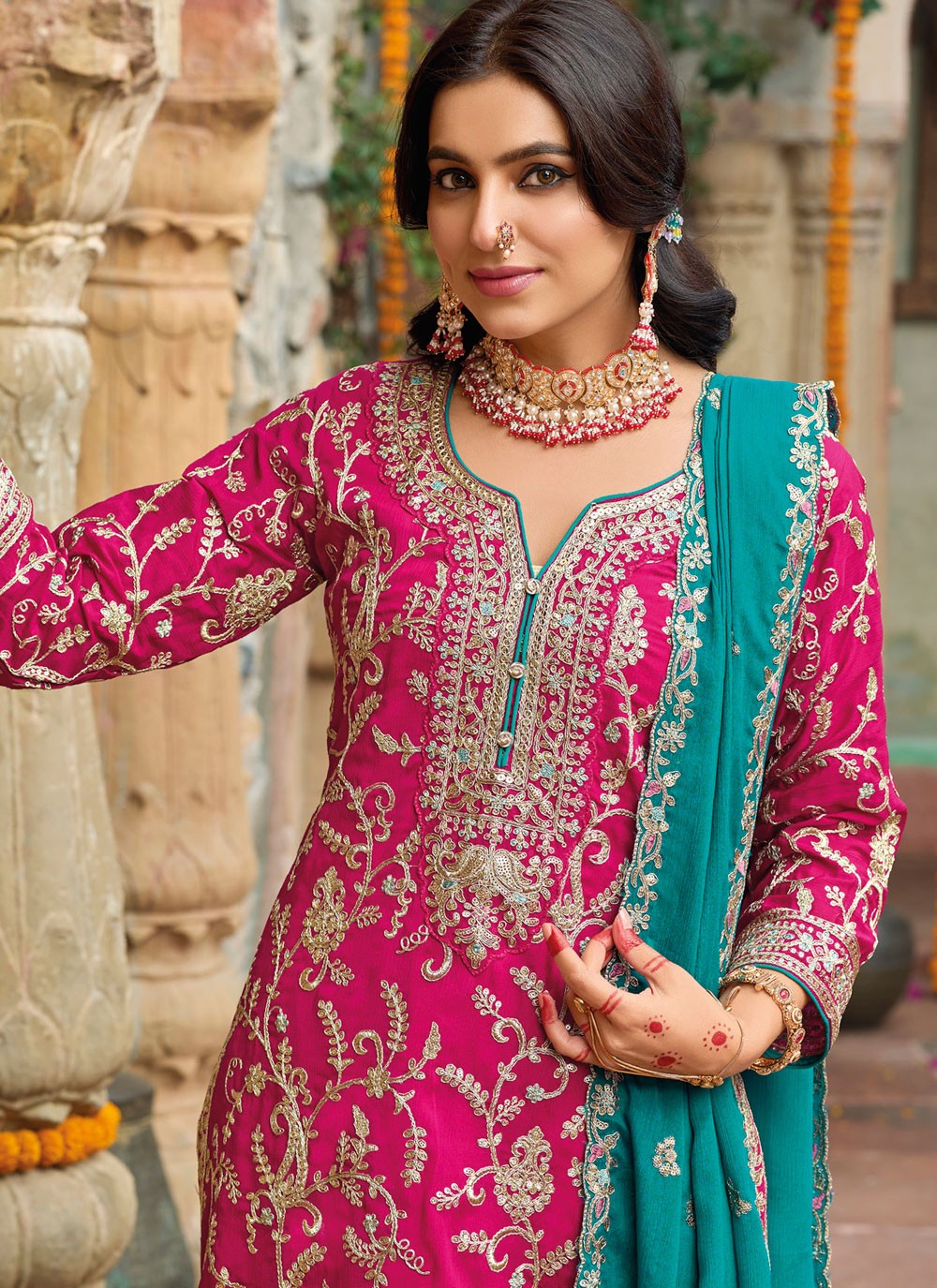 Embroidered Chinon Hot Pink Salwar Suit T6467