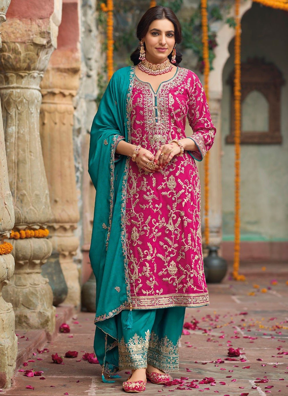 Embroidered Chinon Hot Pink Salwar Suit T6467