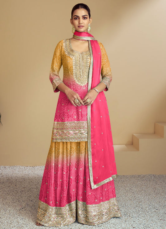 Palazzo Suit Embroidered, Printed, Sequins, Thread Pink T7646