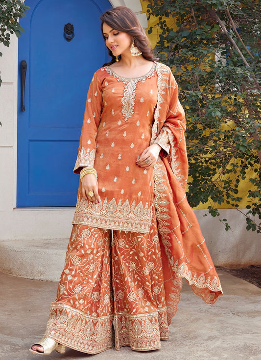 Salwar Suit Embroidered Peach Chinon T5568