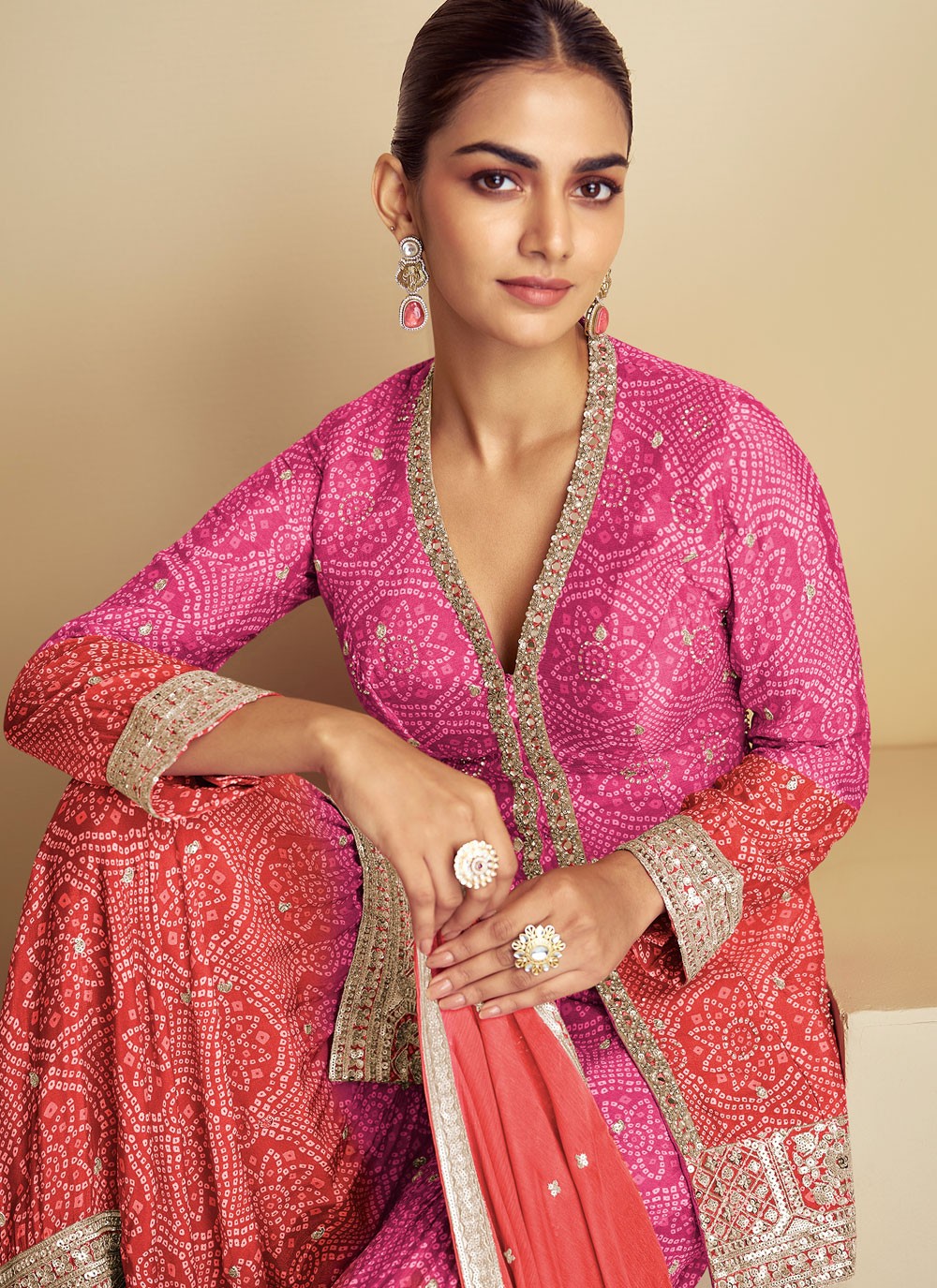 Sharara Suit Digital Print, Embroidered Pink T8835