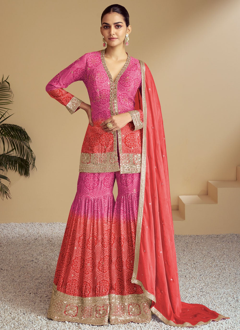 Sharara Suit Digital Print, Embroidered Pink T8835