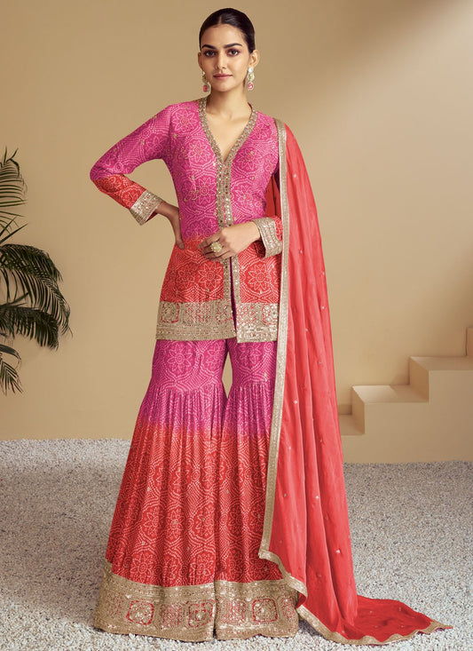 Sharara Suit Digital Print, Embroidered Pink T8835