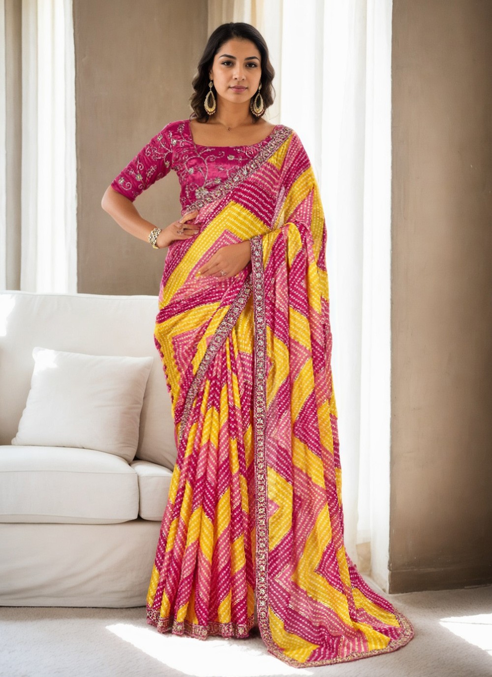 Classic Saree Digital Print Pink Chinon S12650