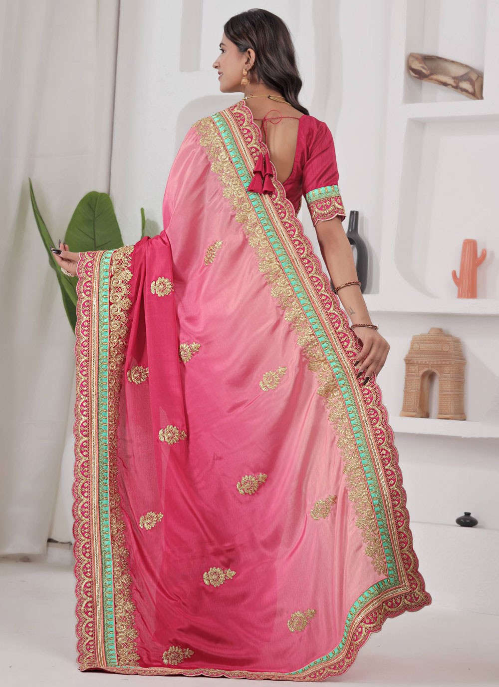 Pink Chinon Classic Saree Border Work, Embroidered S19638