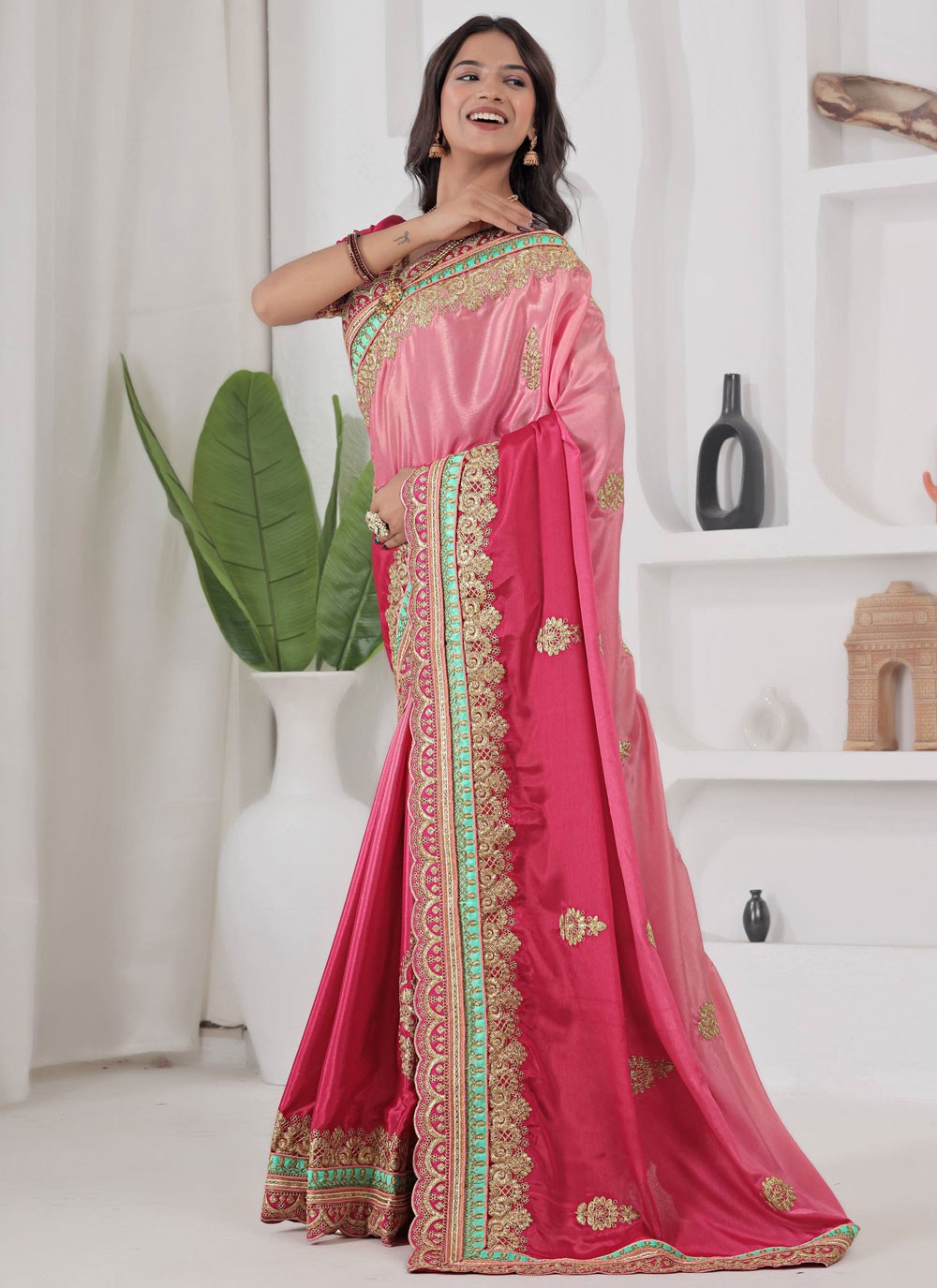Pink Chinon Classic Saree Border Work, Embroidered S19638