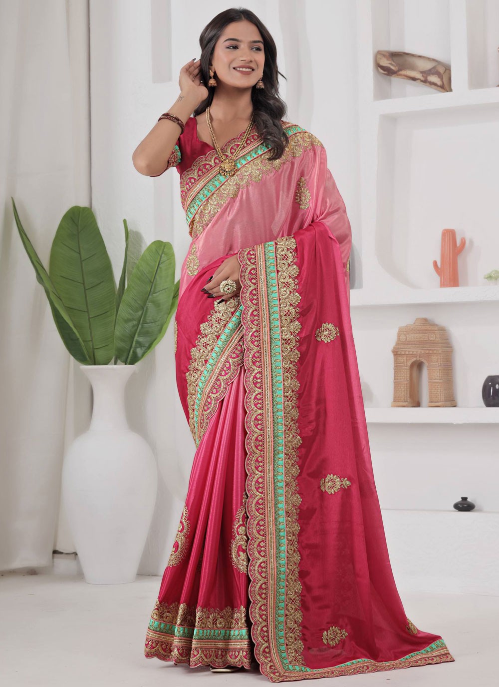 Pink Chinon Classic Saree Border Work, Embroidered S19638