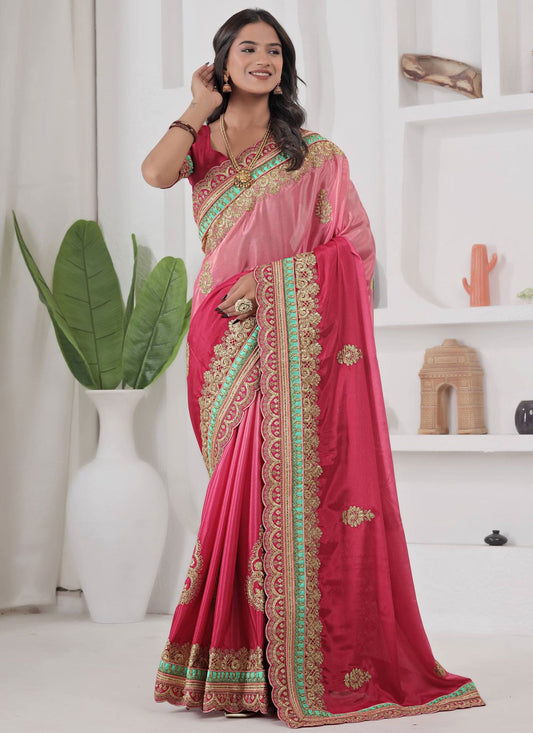Pink Chinon Classic Saree Border Work, Embroidered S19638