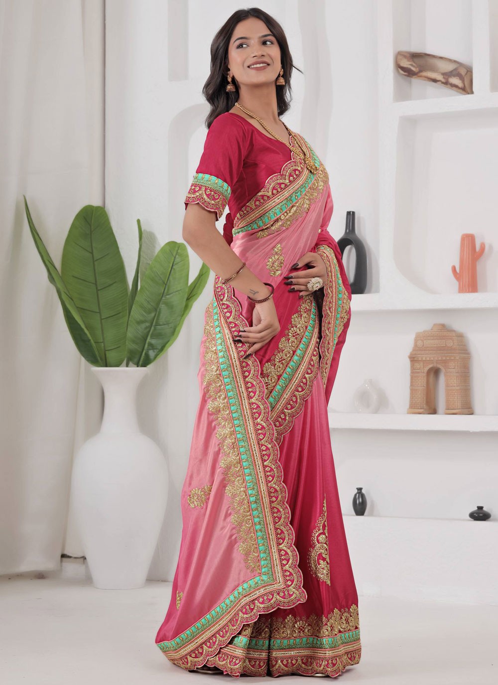 Pink Chinon Classic Saree Border Work, Embroidered S19638