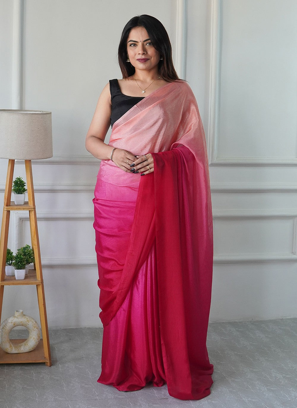 Pink Chinon Contemporary Saree Plain S16499