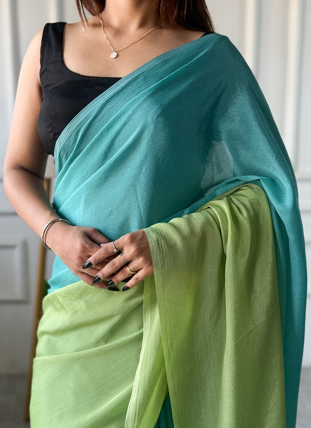 Aqua Blue Chinon Contemporary Saree Plain S16493