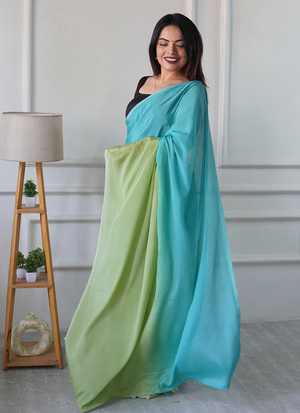 Aqua Blue Chinon Contemporary Saree Plain S16493